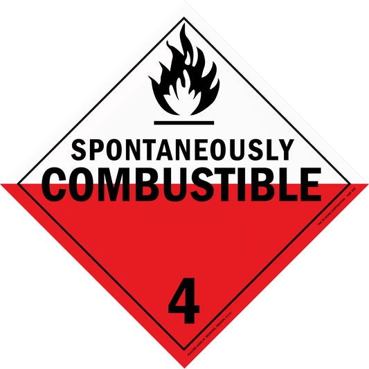 Warning sign for spontaneously combustible materials with hazard class 4 designation.