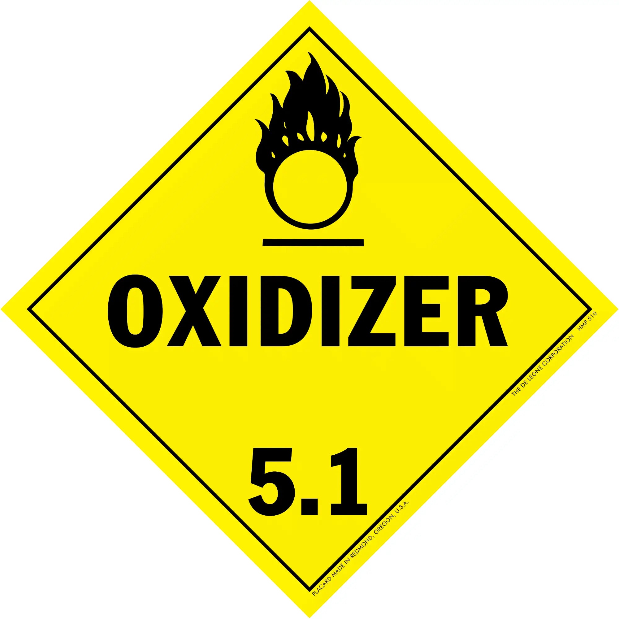 Yellow diamond-shaped warning sign displaying ’OXIDIZER 5.1’’ with a flame symbol above the text.