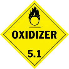Yellow diamond-shaped warning sign displaying ’OXIDIZER 5.1’’ with a flame symbol above the text.