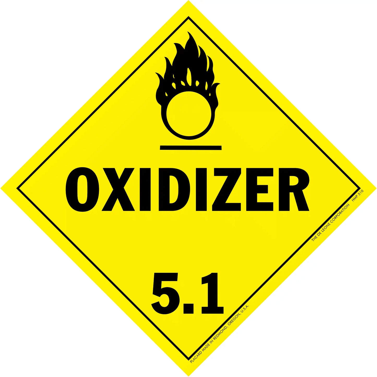 Yellow diamond-shaped warning sign displaying ’OXIDIZER 5.1’’ with a flame symbol above the text.