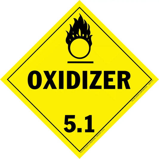 Yellow diamond-shaped warning sign displaying ’OXIDIZER 5.1’’ with a flame symbol above the text.