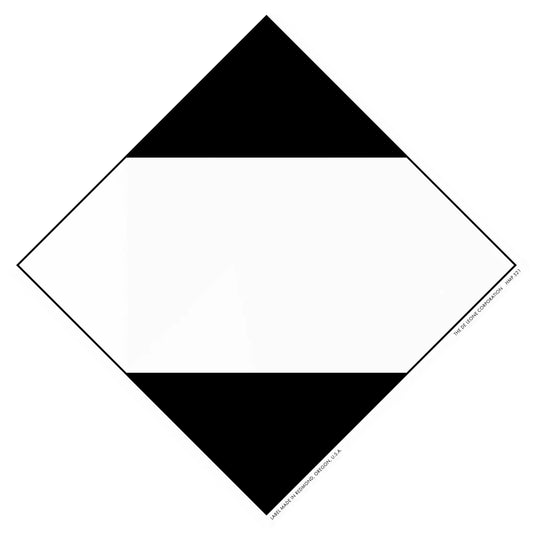 Diamond-shaped sign with black triangles at top and bottom and a white center band.