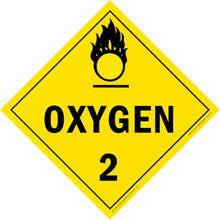Yellow diamond-shaped hazard warning sign for oxygen with the number 2 and flame symbol.