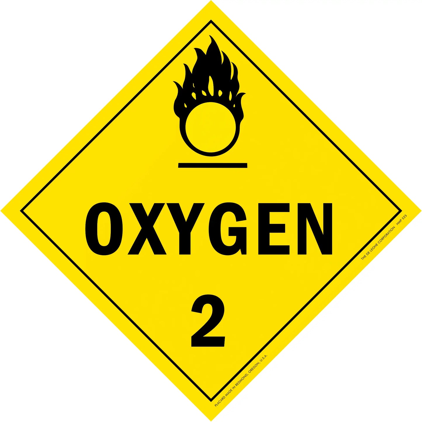Yellow diamond-shaped hazard warning sign for oxygen with the number 2 and flame symbol.