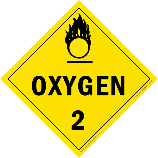 Yellow diamond-shaped hazard warning sign for oxygen with the number 2 and flame symbol.