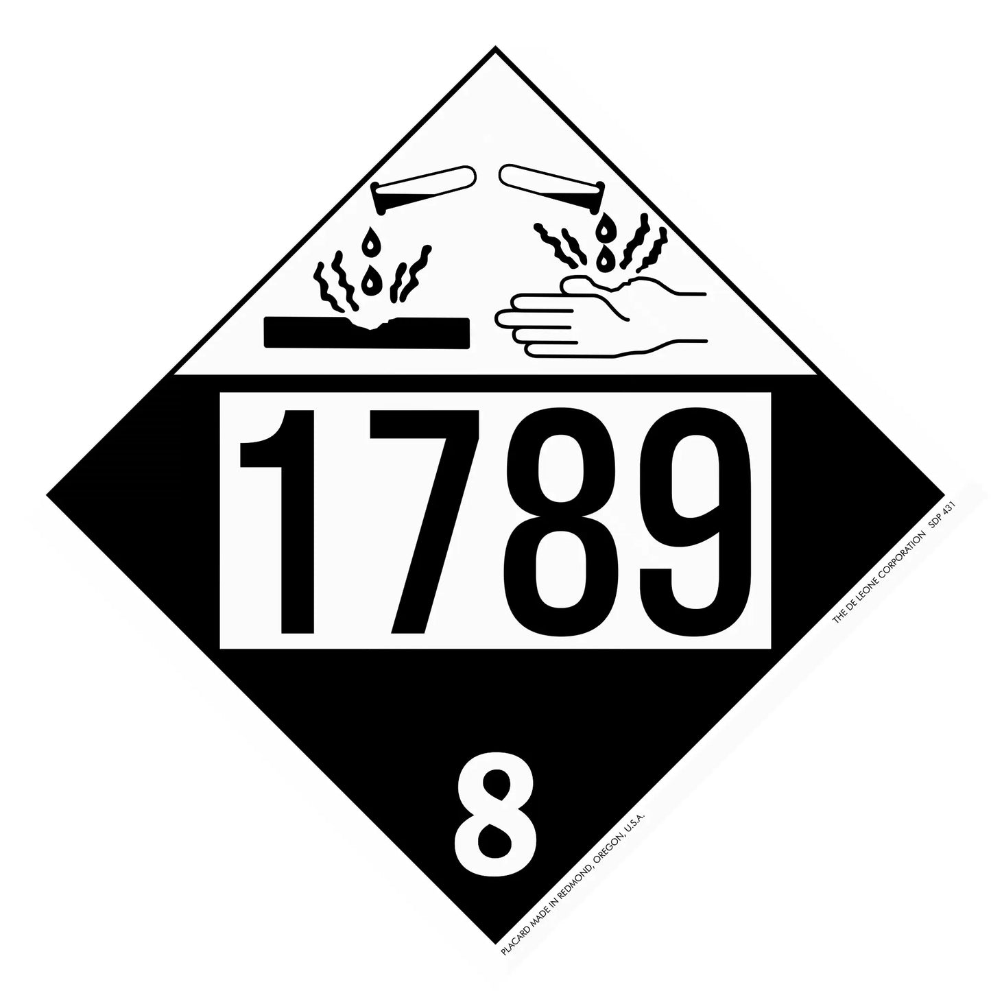 A hazardous materials placard displaying ’1789’’ and class 8 corrosive symbol with dripping liquid onto hands.