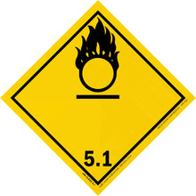 Yellow diamond-shaped hazard warning sign with a black oxidizing agent symbol (flame over circle) and number 5.1.