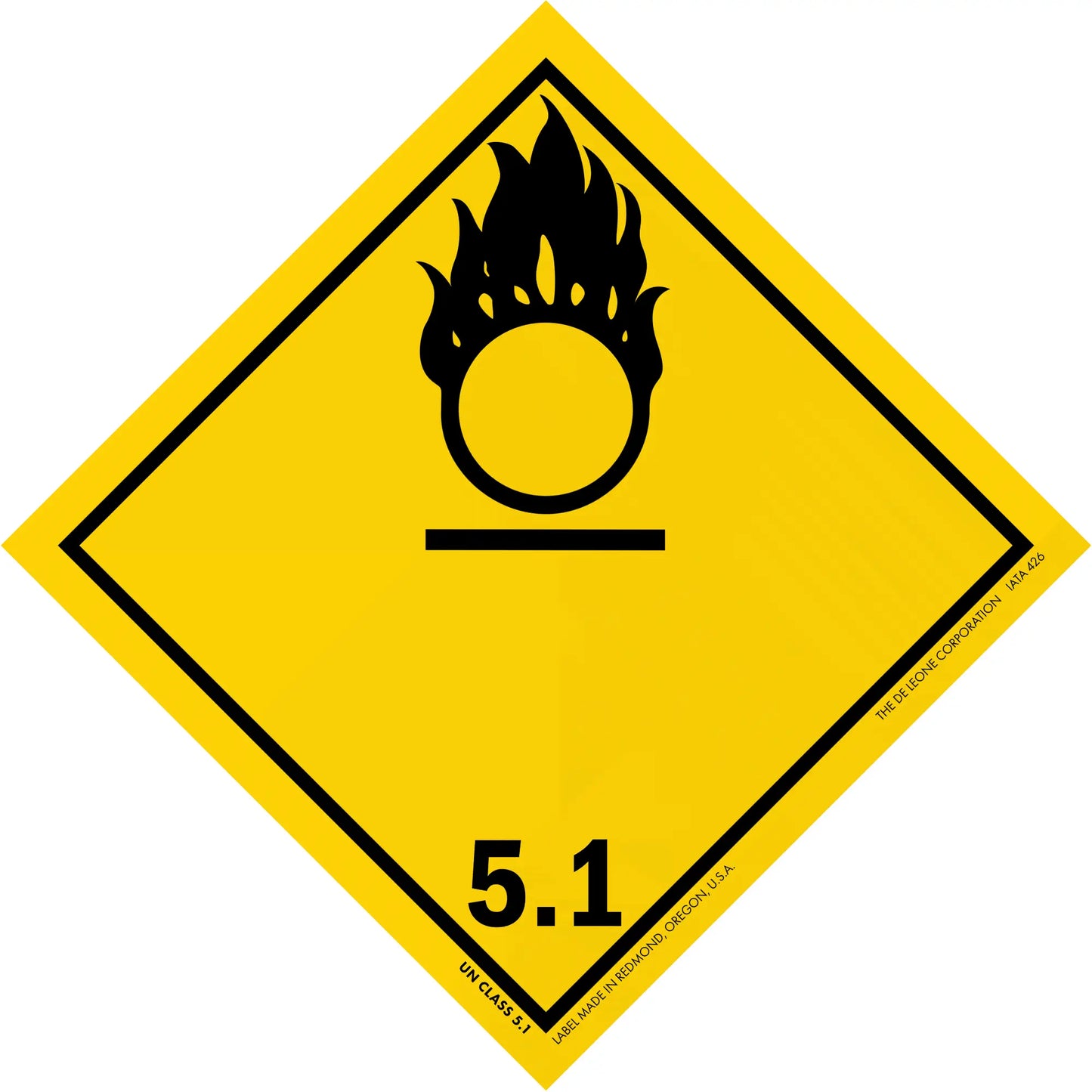 Yellow diamond-shaped hazard warning sign with a black oxidizing agent symbol (flame over circle) and number 5.1.