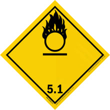 Yellow diamond-shaped hazard warning sign with a black oxidizing agent symbol (flame over circle) and number 5.1.