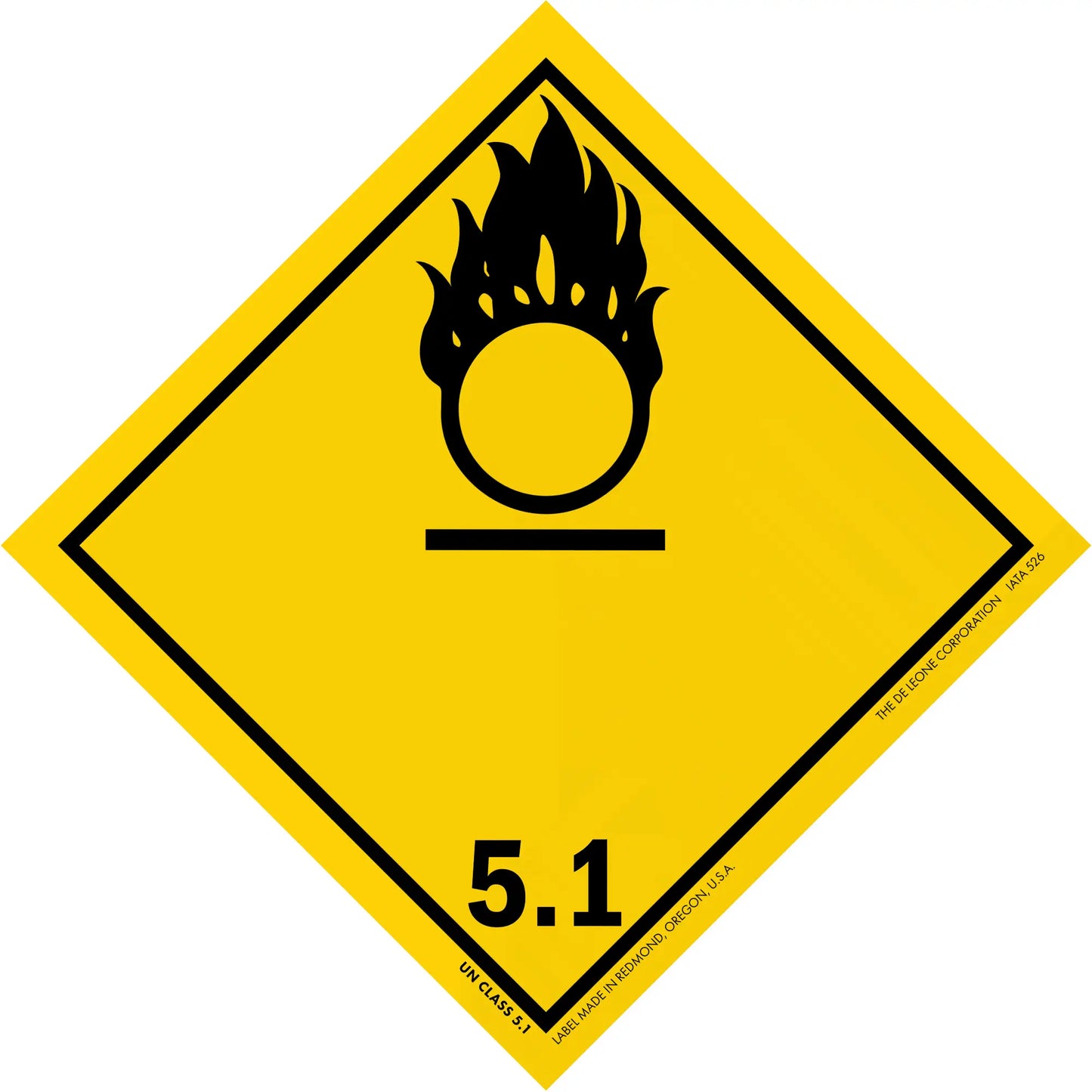 Yellow diamond-shaped hazard warning sign with a black oxidizing agent symbol (flame over circle) and number 5.1.