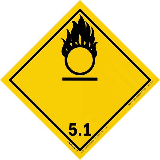 Yellow diamond-shaped hazard warning sign with a black oxidizing agent symbol (flame over circle) and number 5.1.