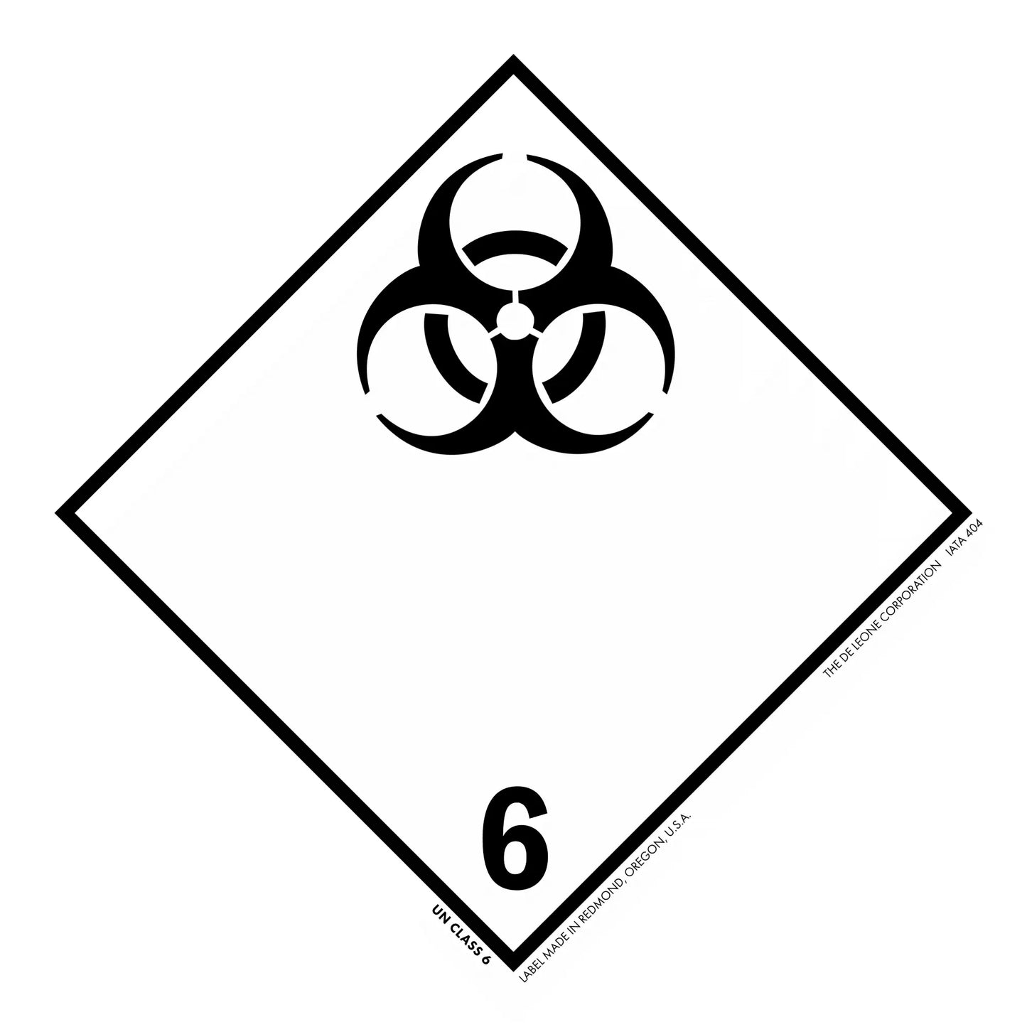 Black biohazard symbol inside a diamond shape with the number 6.