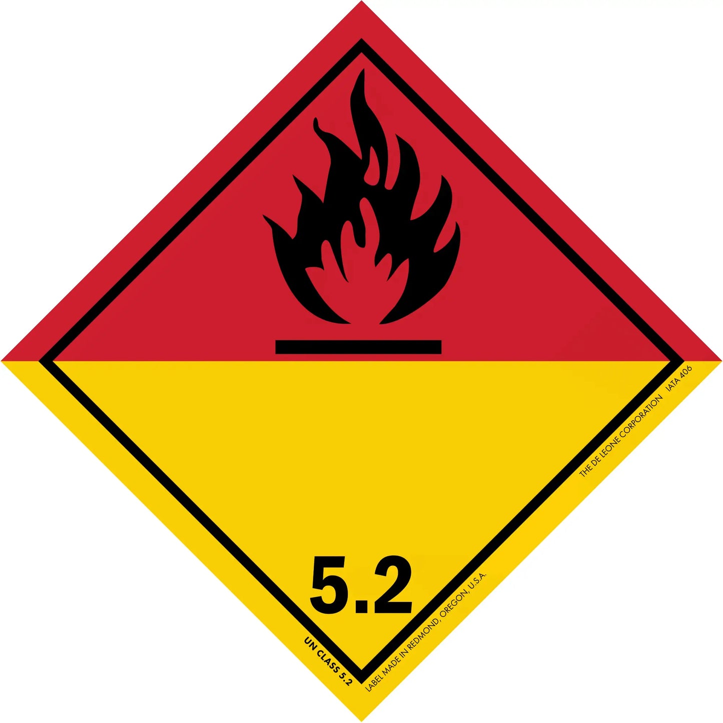 Diamond-shaped hazard warning sign for organic peroxides (Class 5.2) with black flame symbol on red and yellow background.