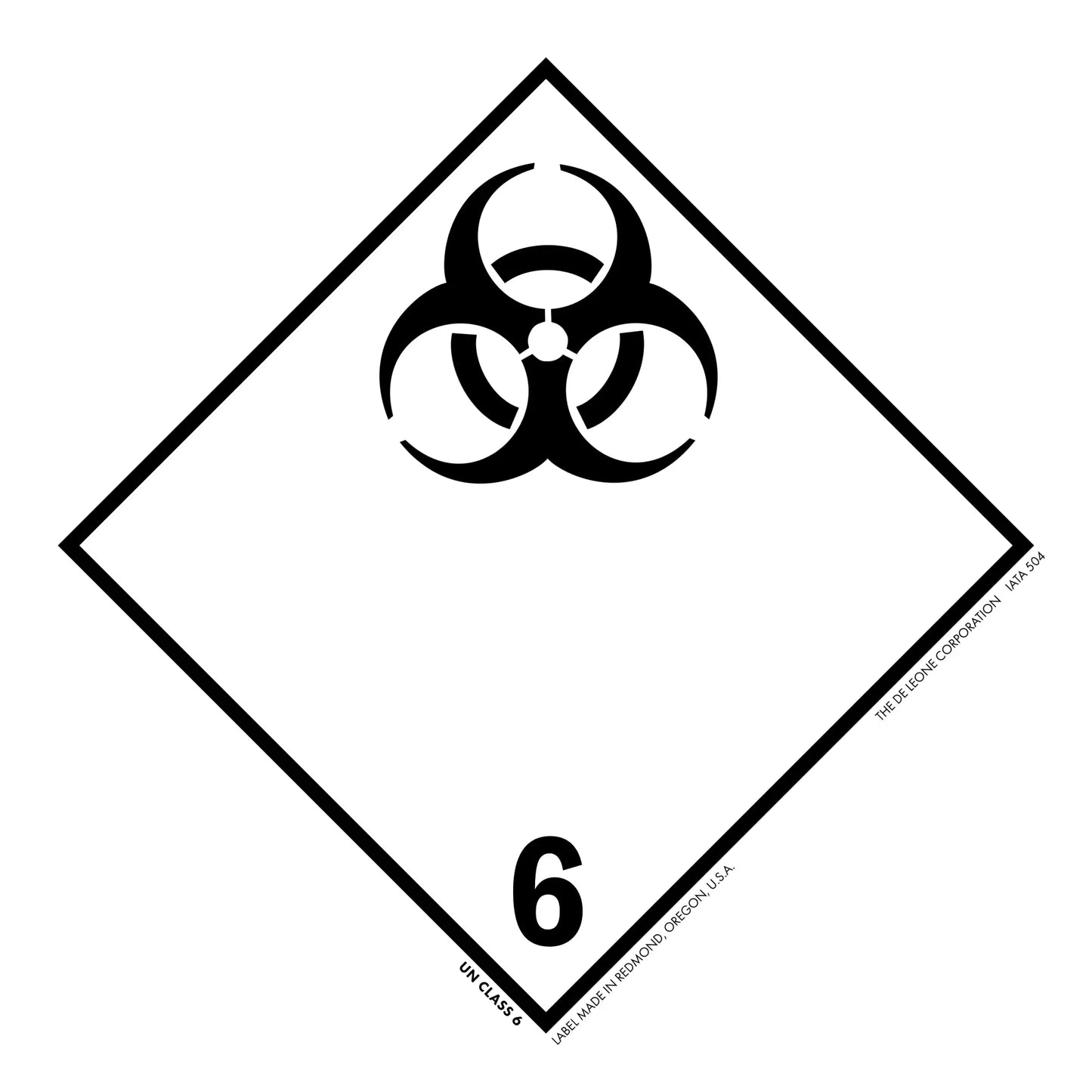 Black biohazard symbol inside a diamond shape with the number 6.
