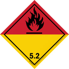 Diamond-shaped hazard warning sign for organic peroxides (Class 5.2) with black flame symbol on red and yellow background.