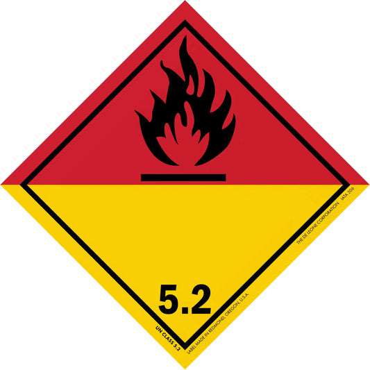 Diamond-shaped hazard warning sign for organic peroxides (Class 5.2) with black flame symbol on red and yellow background.