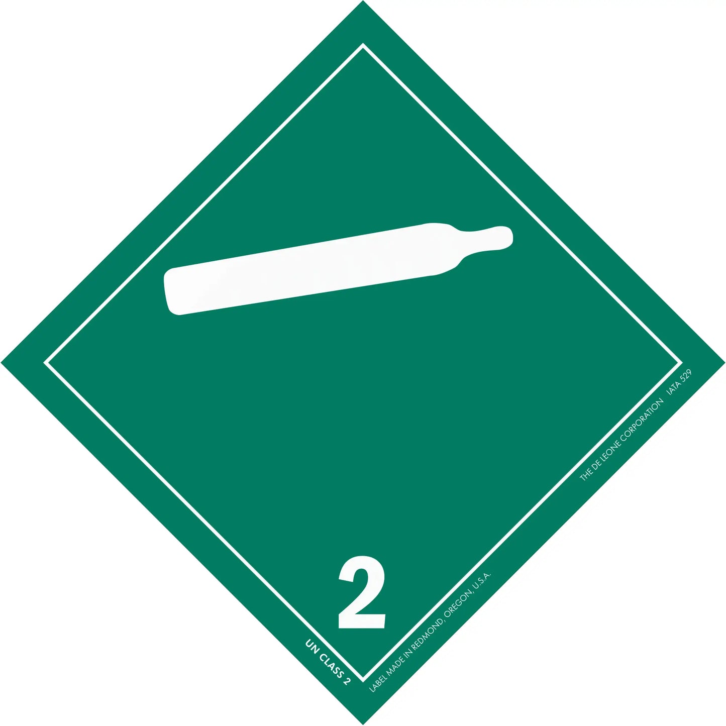 Green diamond-shaped hazard placard with number 2 and compressed gas cylinder symbol.