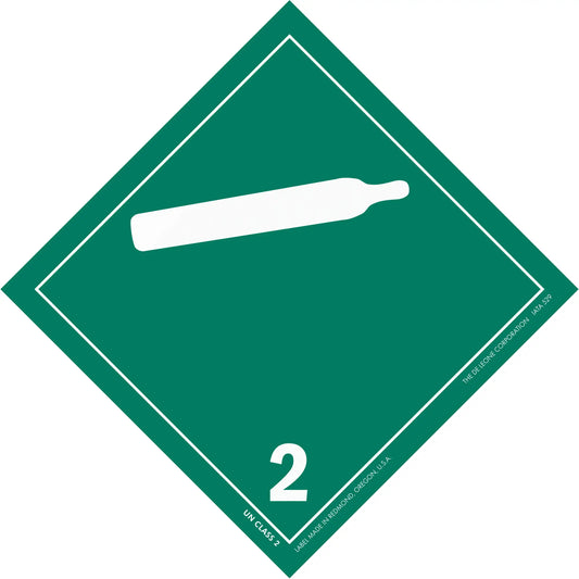 Green diamond-shaped hazard placard with number 2 and compressed gas cylinder symbol.