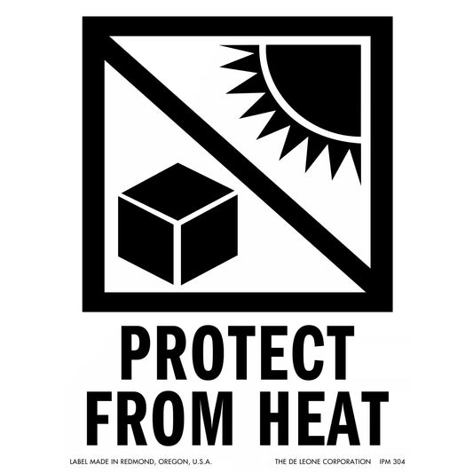Black and white warning symbol showing a cube and sun separated by a diagonal line, with text ’PROTECT FROM HEAT’ below.