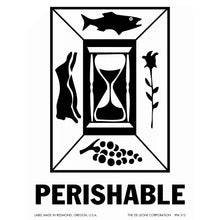 Black and white symbol showing an hourglass surrounded by icons of a fish, rabbit, flower, and grapes with ’PERISHABLE’ text below.