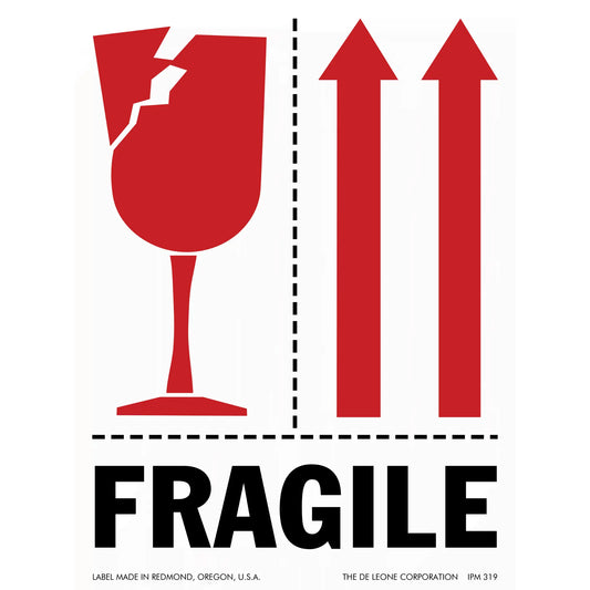 Red fragile warning symbol showing a broken wine glass and directional arrows.