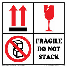 Warning label showing four shipping symbols indicating fragile contents that should not be stacked.