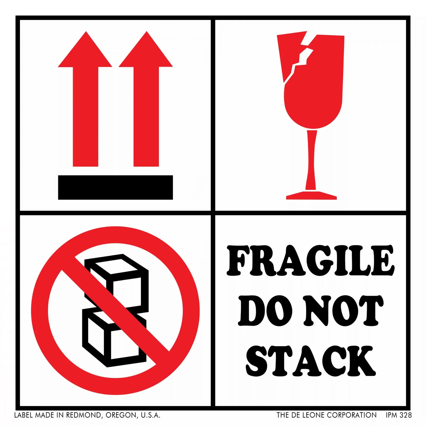 Warning label showing four shipping symbols indicating fragile contents that should not be stacked.