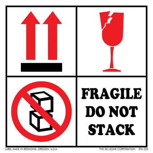 Warning label showing four shipping symbols indicating fragile contents that should not be stacked.