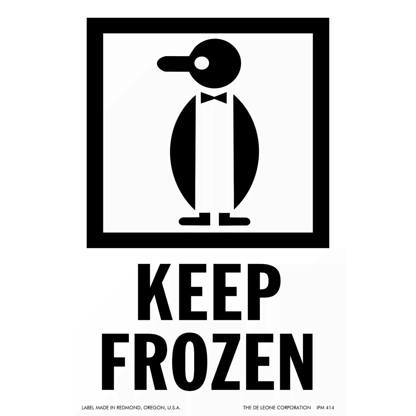 A stylized black penguin wearing a bow tie inside a square frame, with ’KEEP FROZEN’ text below.