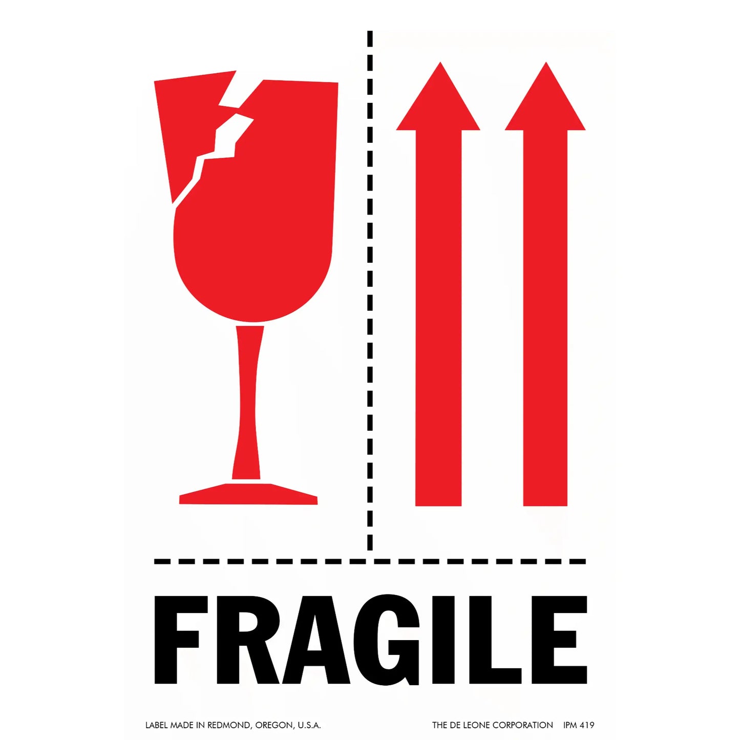 Red shipping label with a broken wine glass symbol and upward arrows above the word ’FRAGILE’