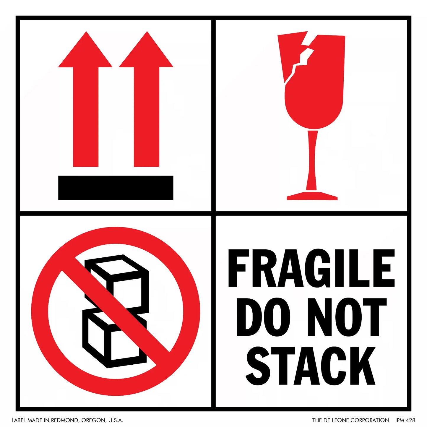 Warning label showing fragile package handling symbols with arrows, broken glass, and ’do not stack’ instructions.