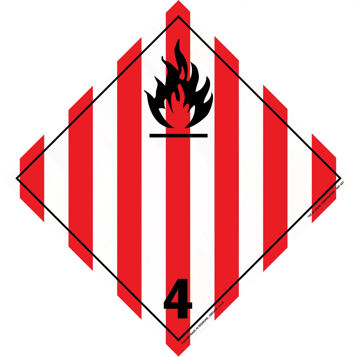 Hazardous material warning placard with red and white stripes and a black flame symbol marked with number 4.