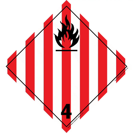 Hazardous material warning placard with red and white stripes and a black flame symbol marked with number 4.