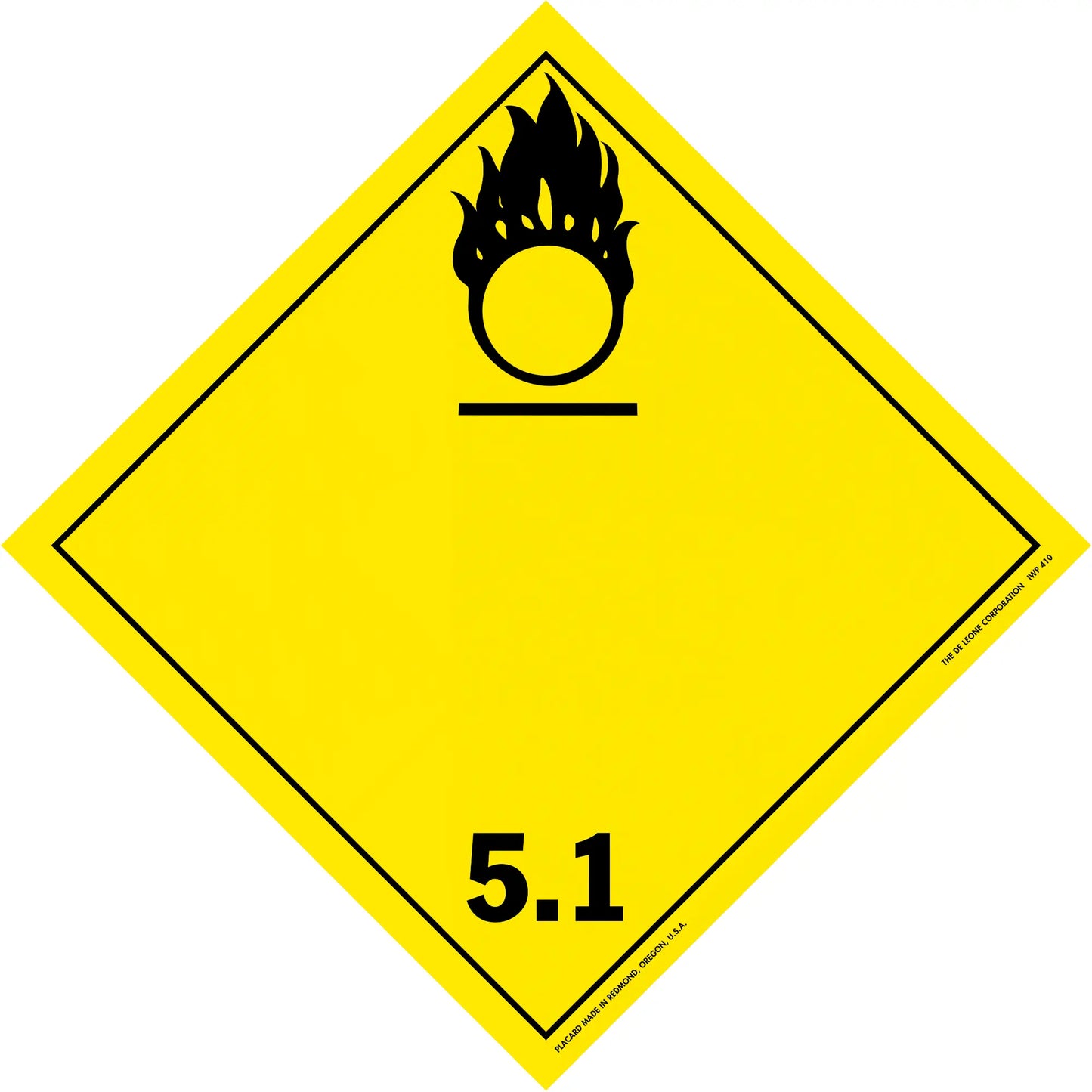 Yellow diamond-shaped hazard placard with a black oxidizing agent symbol and number 5.1.