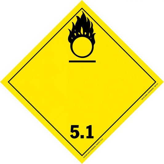 Yellow diamond-shaped hazard placard with a black oxidizing agent symbol and number 5.1.