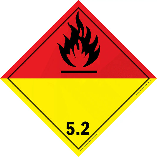 Hazardous materials warning placard showing class 5.2 organic peroxide with flame symbol.