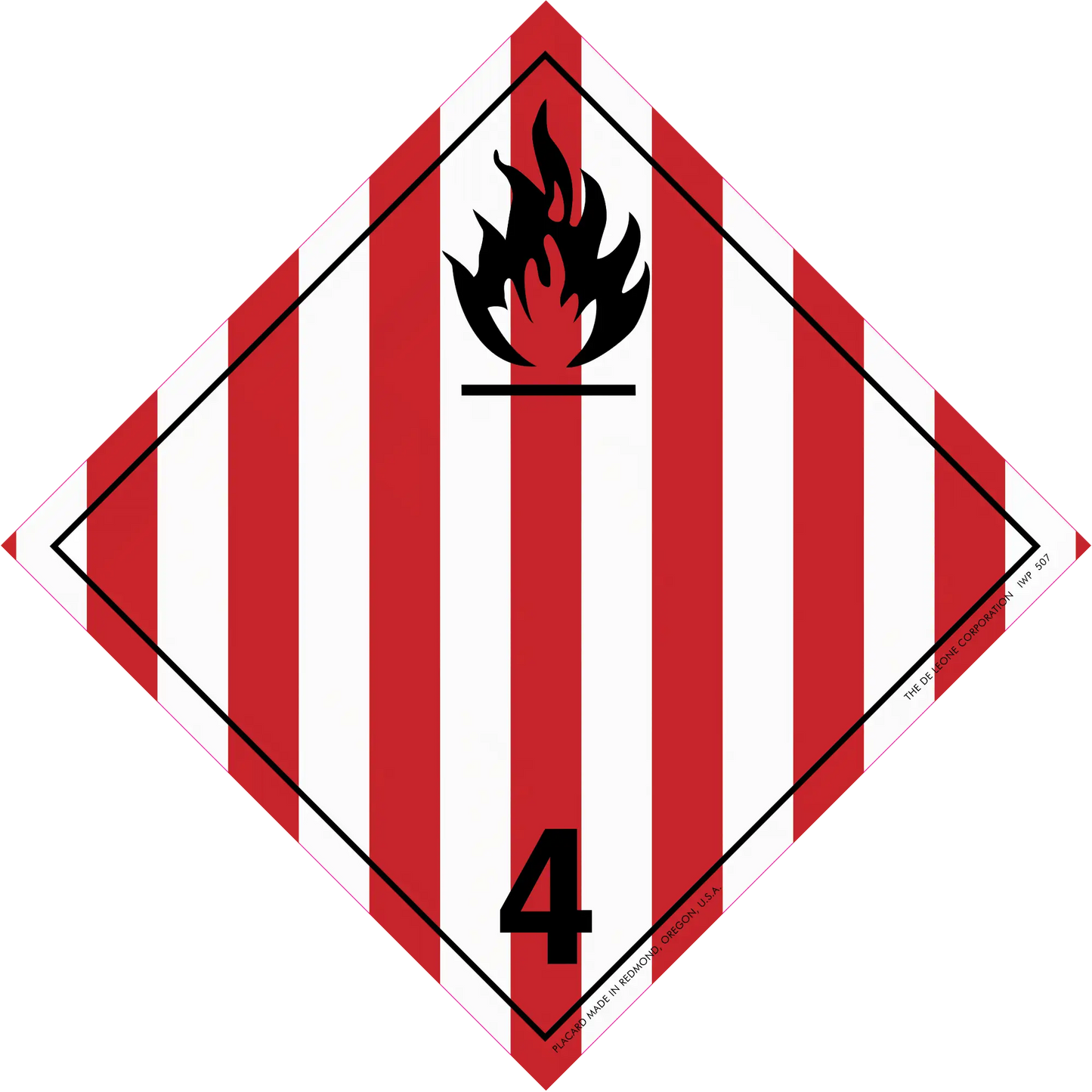 Diamond-shaped hazard placard with red and white stripes, black flame symbol, and number 4.