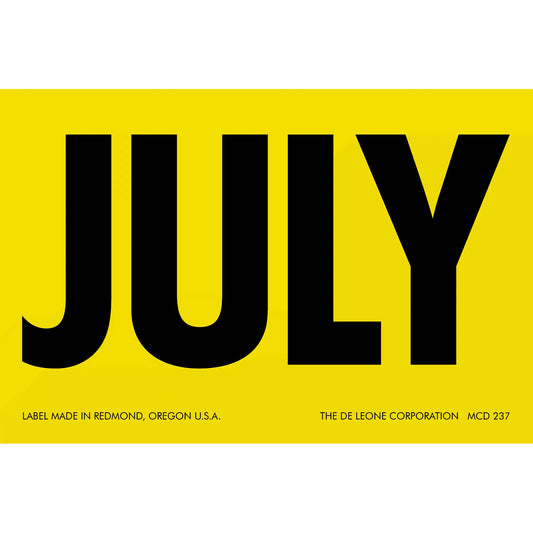 Bold black text spelling ’JULY’ on a yellow background.