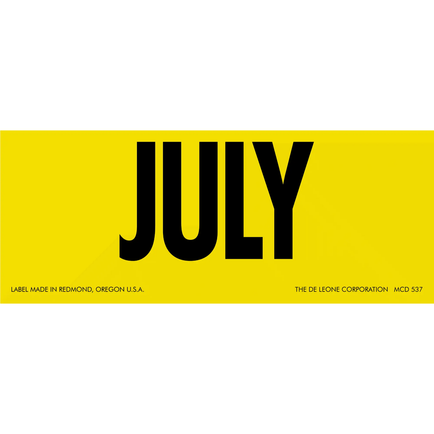 Bold black text spelling ’JULY’ on a yellow label.