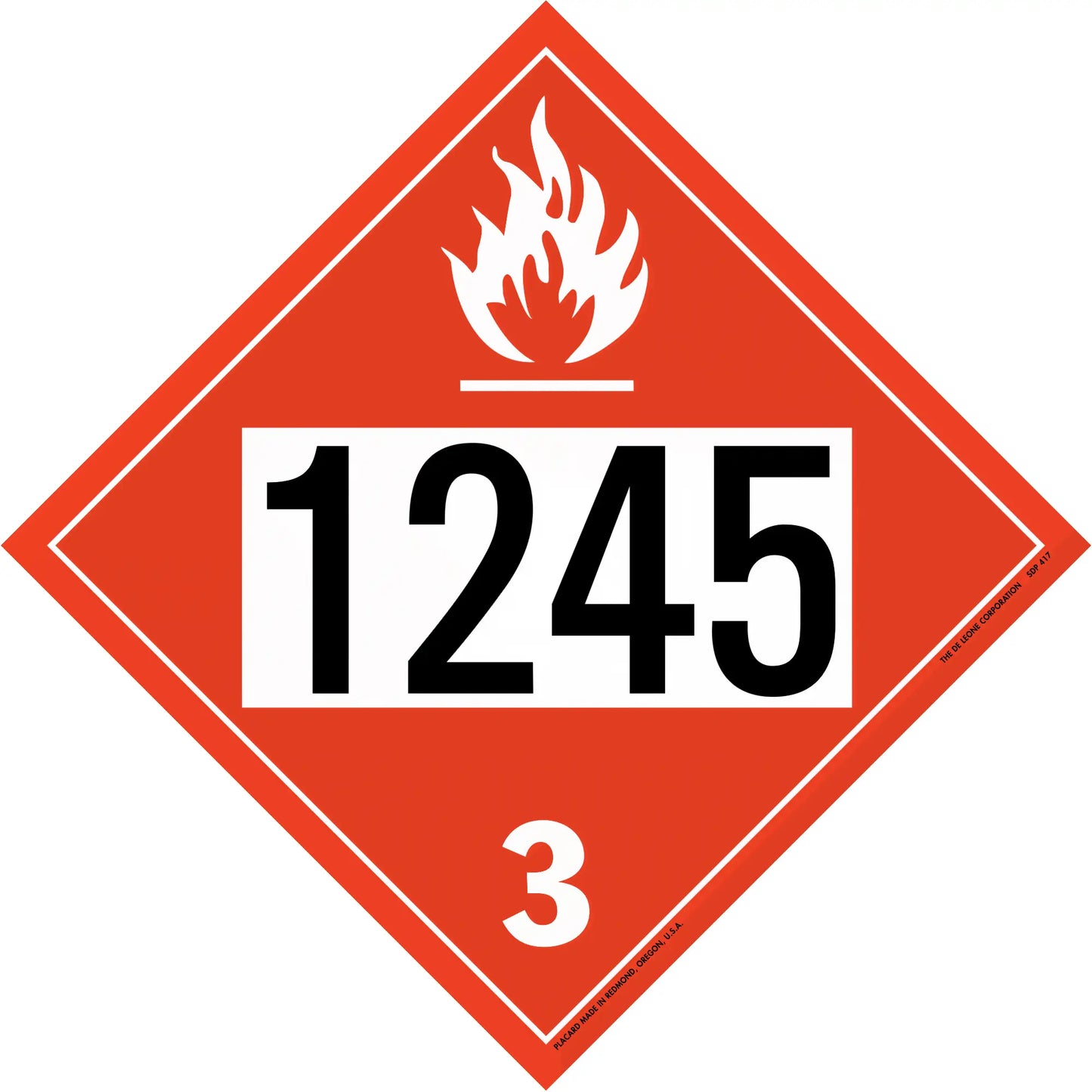 Red diamond-shaped hazardous material placard displaying ’1245’’ and ’3’’ with a flame symbol.