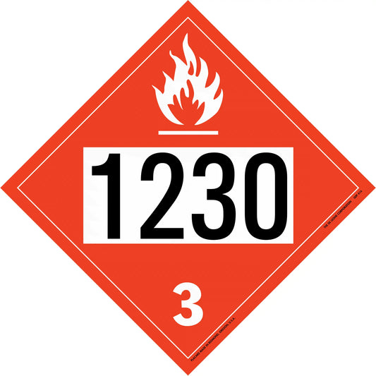 Red diamond-shaped hazardous material placard displaying ’1230’’ and ’3’’ with a flame symbol.
