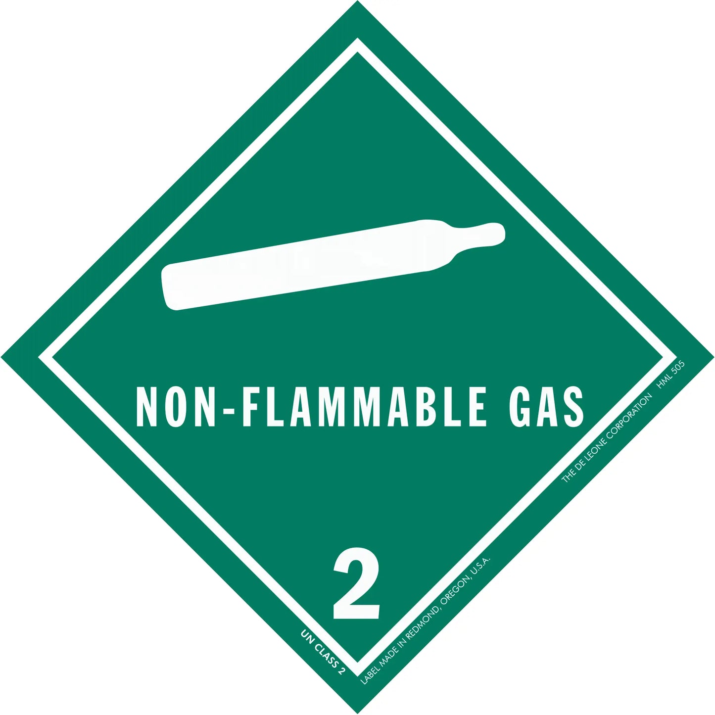 Diamond-shaped green hazard warning sign for non-flammable gas with number 2.