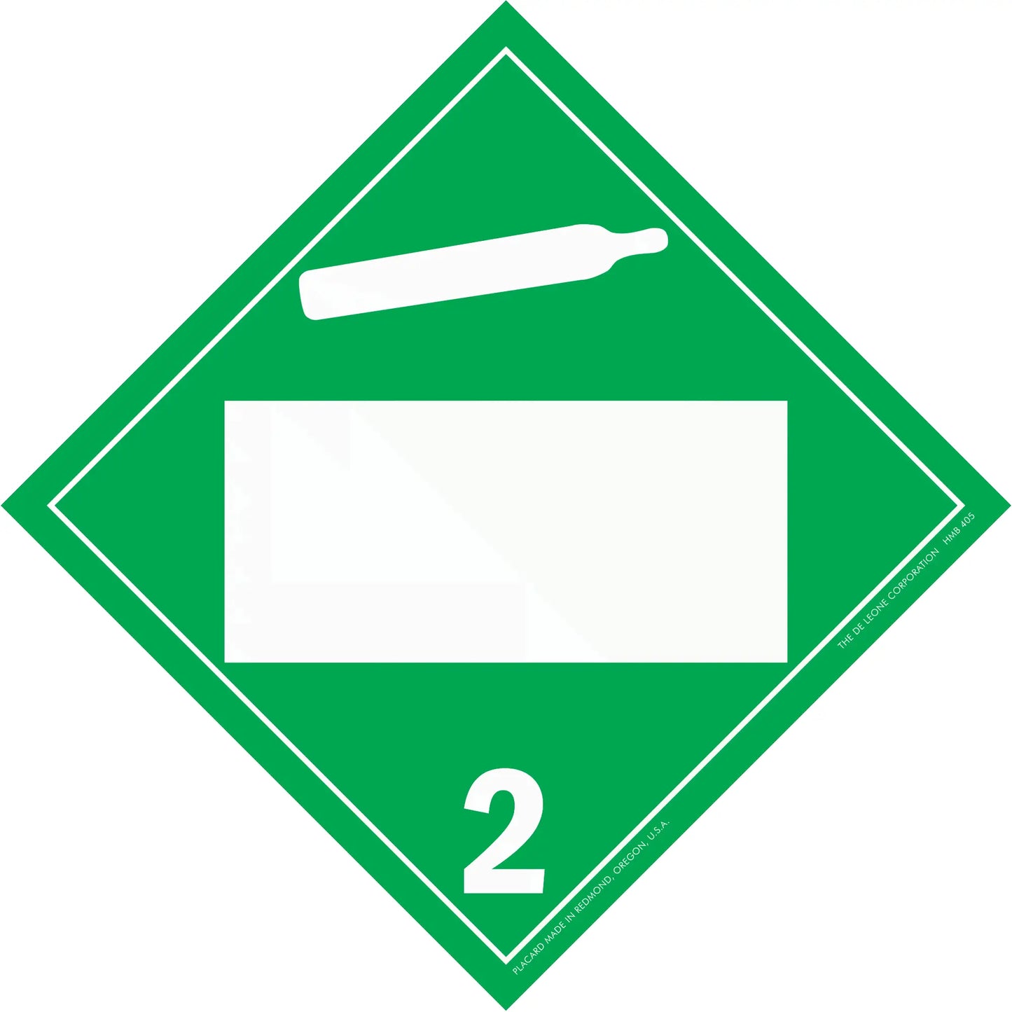 Diamond-shaped green hazard placard with number 2 and a gas cylinder symbol.
