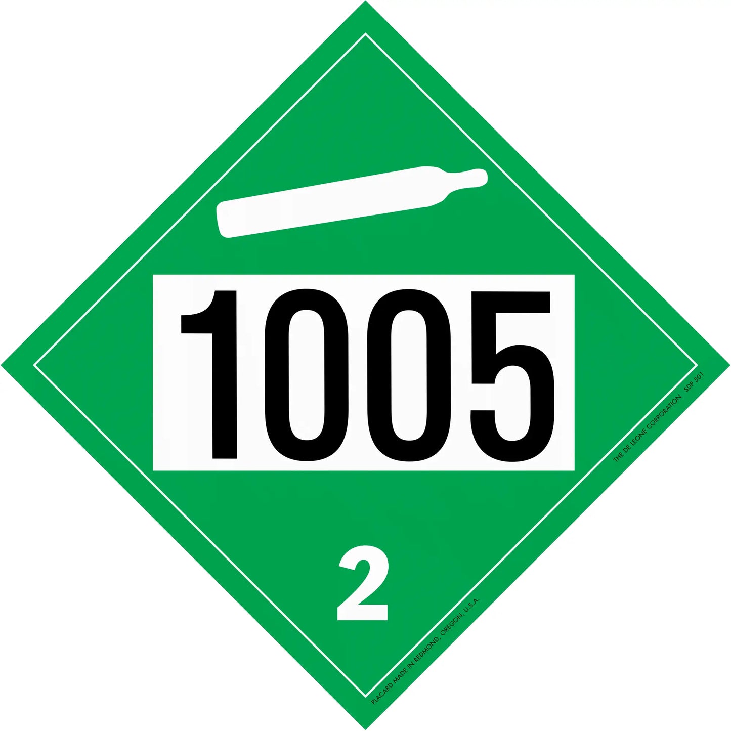 Green diamond-shaped hazard placard displaying ’1005’’ and ’2’’ with a gas cylinder symbol.