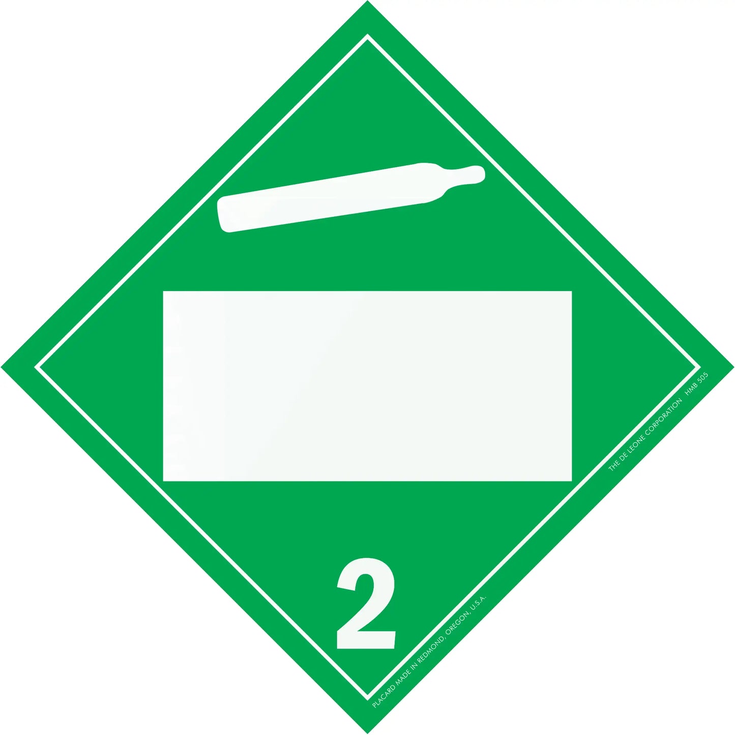 Green diamond-shaped hazard placard with number 2 and a gas cylinder symbol.