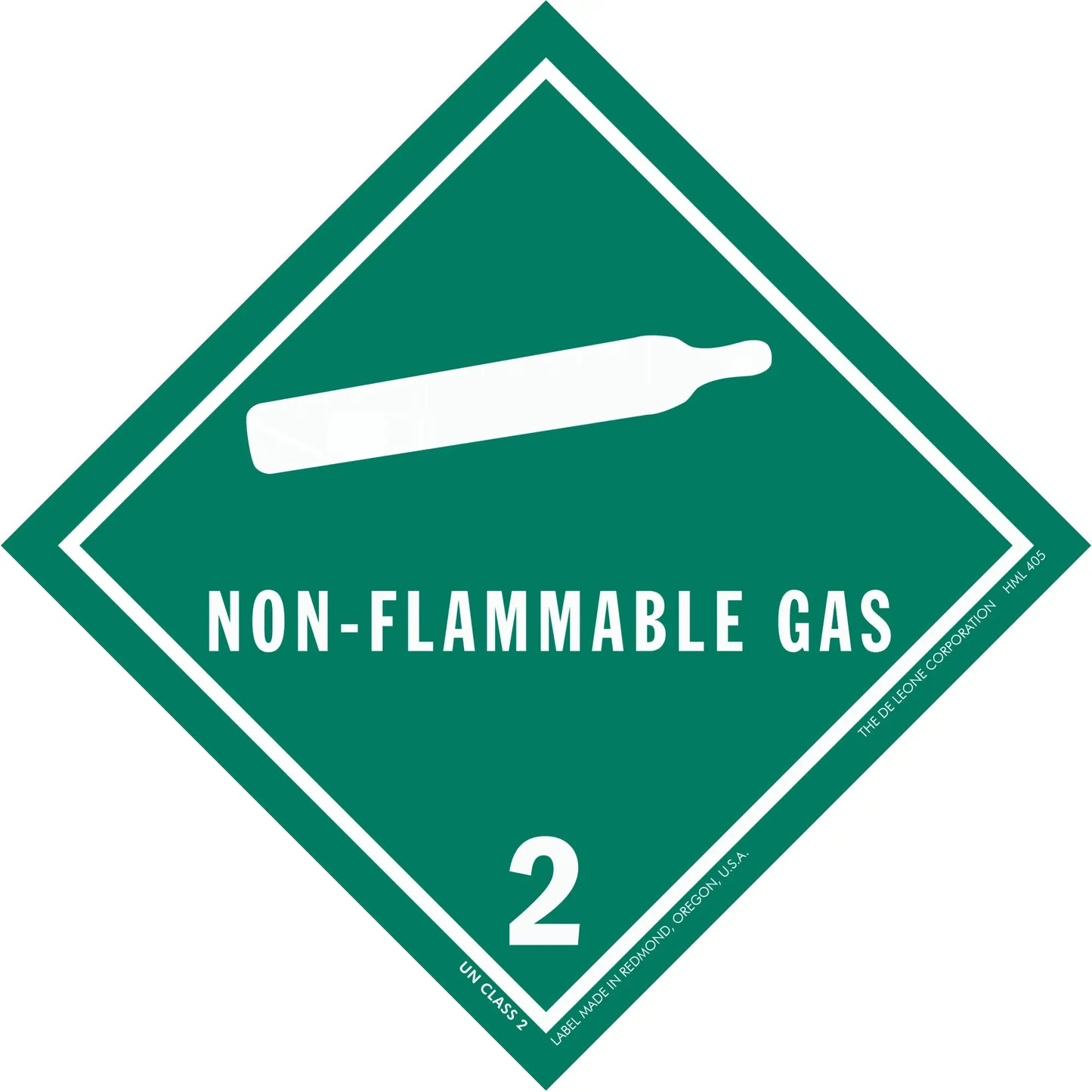 Green diamond-shaped hazard placard displaying ’NON-FLAMMABLE GAS’ with number 2 and gas cylinder symbol.