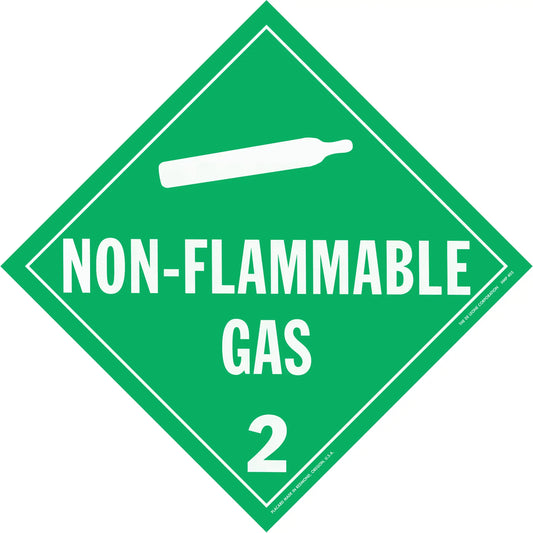 Diamond-shaped green warning sign for non-flammable gas with hazard class number 2.