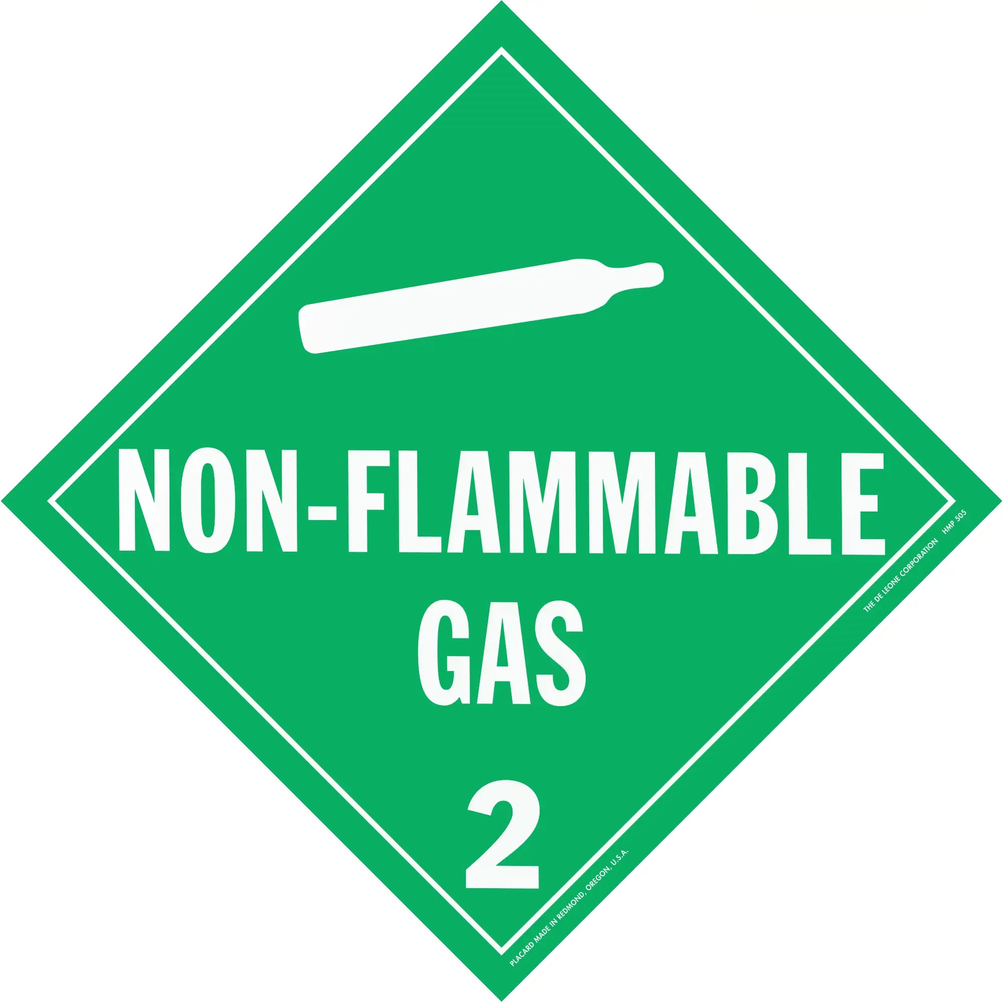 Green diamond-shaped warning sign for non-flammable gas with hazard class 2.
