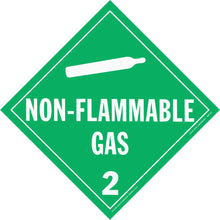 Green diamond-shaped warning sign for non-flammable gas with hazard class 2.