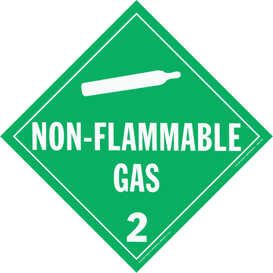 Green diamond-shaped warning sign for non-flammable gas with hazard class 2.
